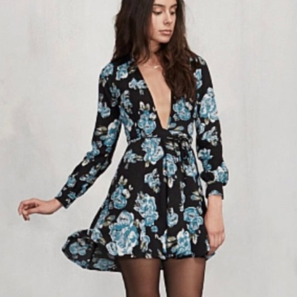 Reformation Floral Long Sleeve Wrap Mini black blue Dress S
